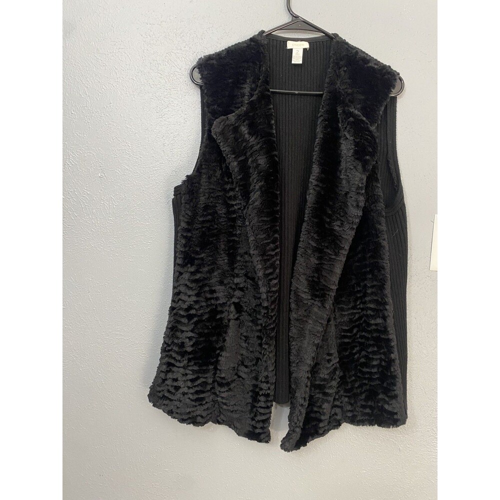 Chico's Womens Faux Fur Black Open Front Lined Vest Ribbed Back Pockets Size 2
